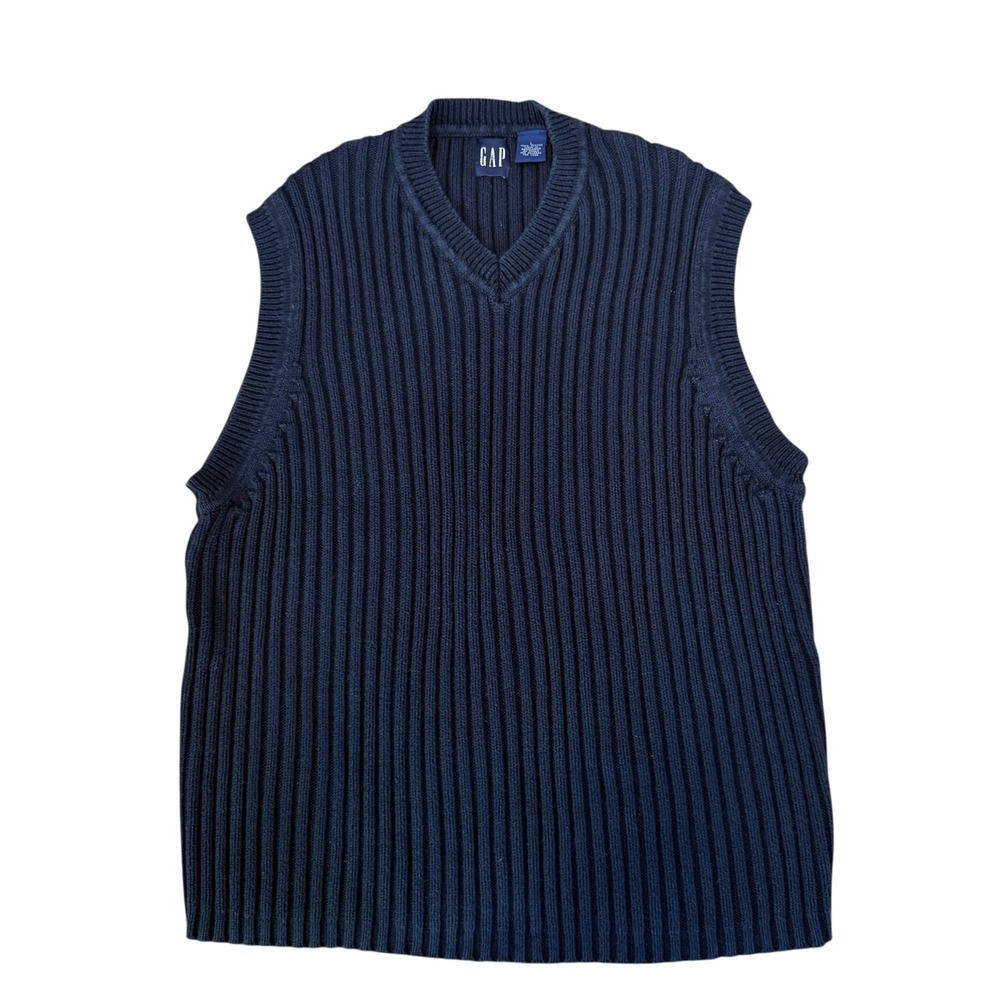 GAP Mens Navy Blue Ribbed Knit 100% Cotton V-Neck Sweater Vest‎ Large